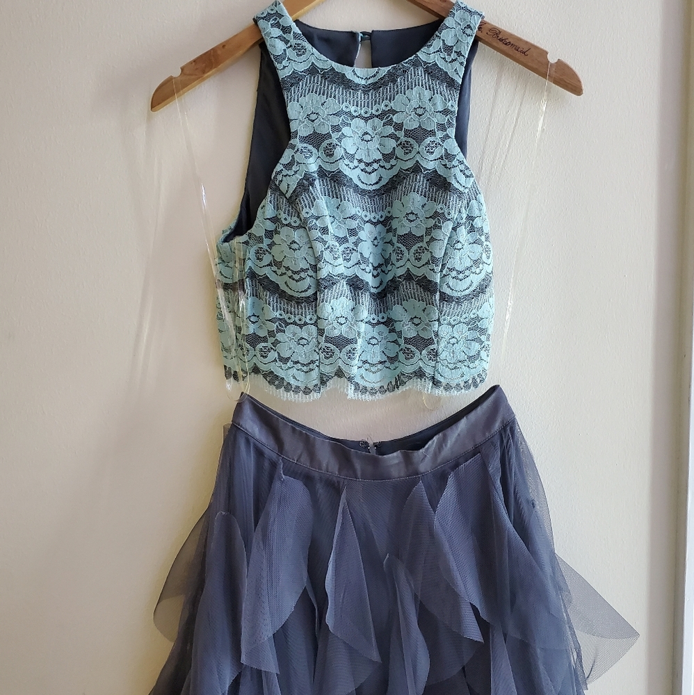Mint green lace two piece home coming dress